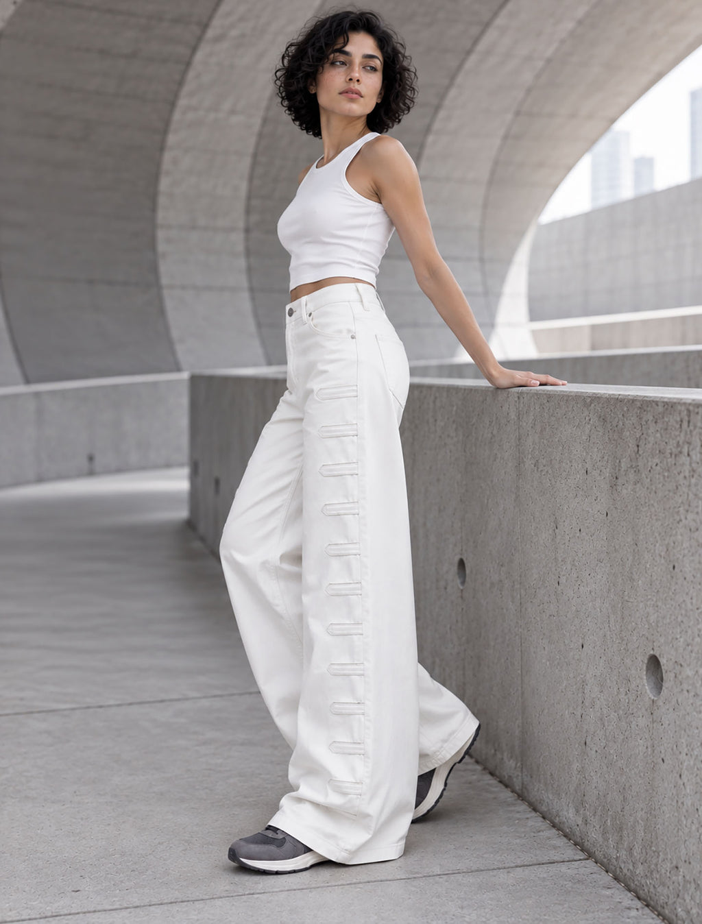 Off White Wide-Leg Pants with Side Tab Details