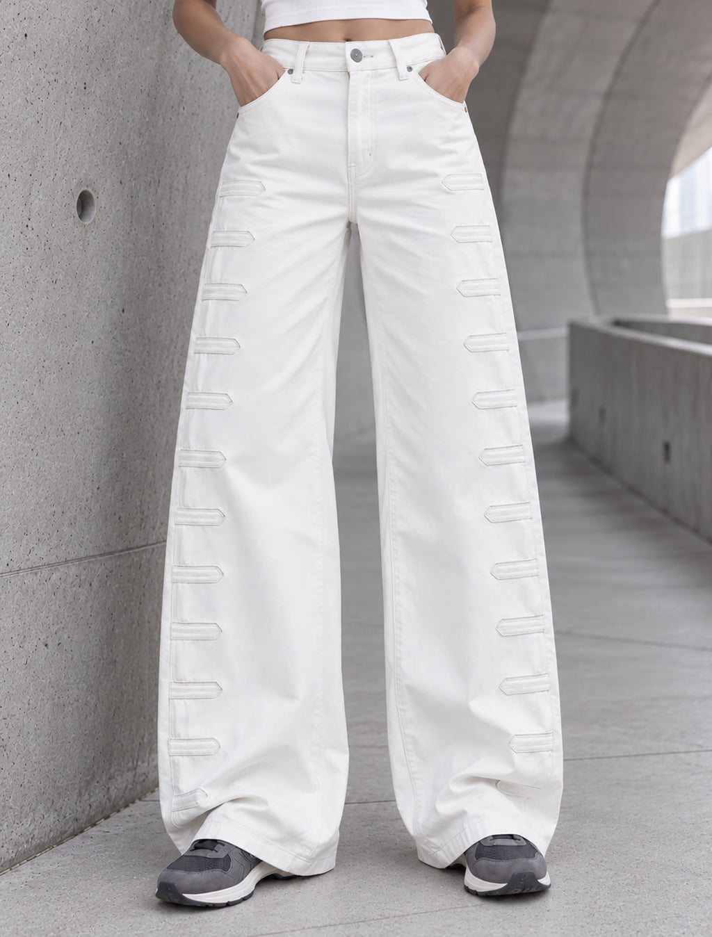 Off White Wide-Leg Pants with Side Tab Details