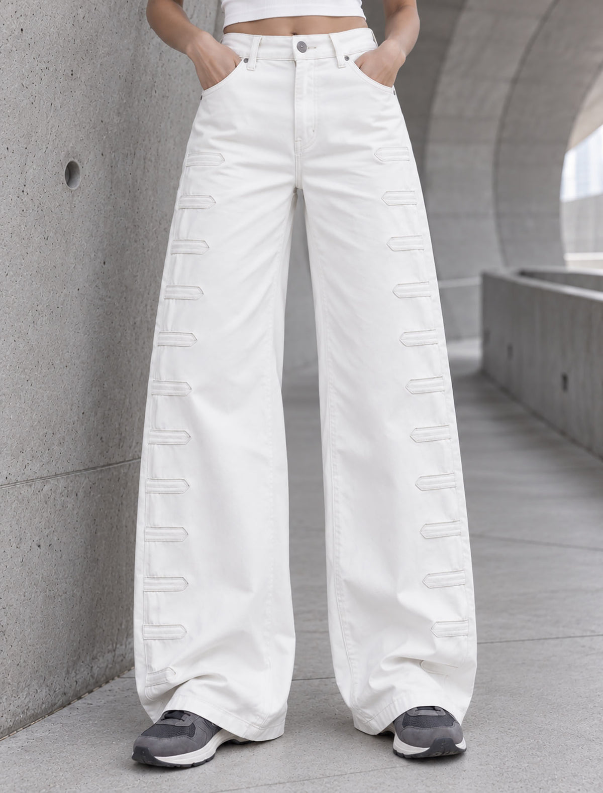 Off White Wide-Leg Pants with Side Tab Details