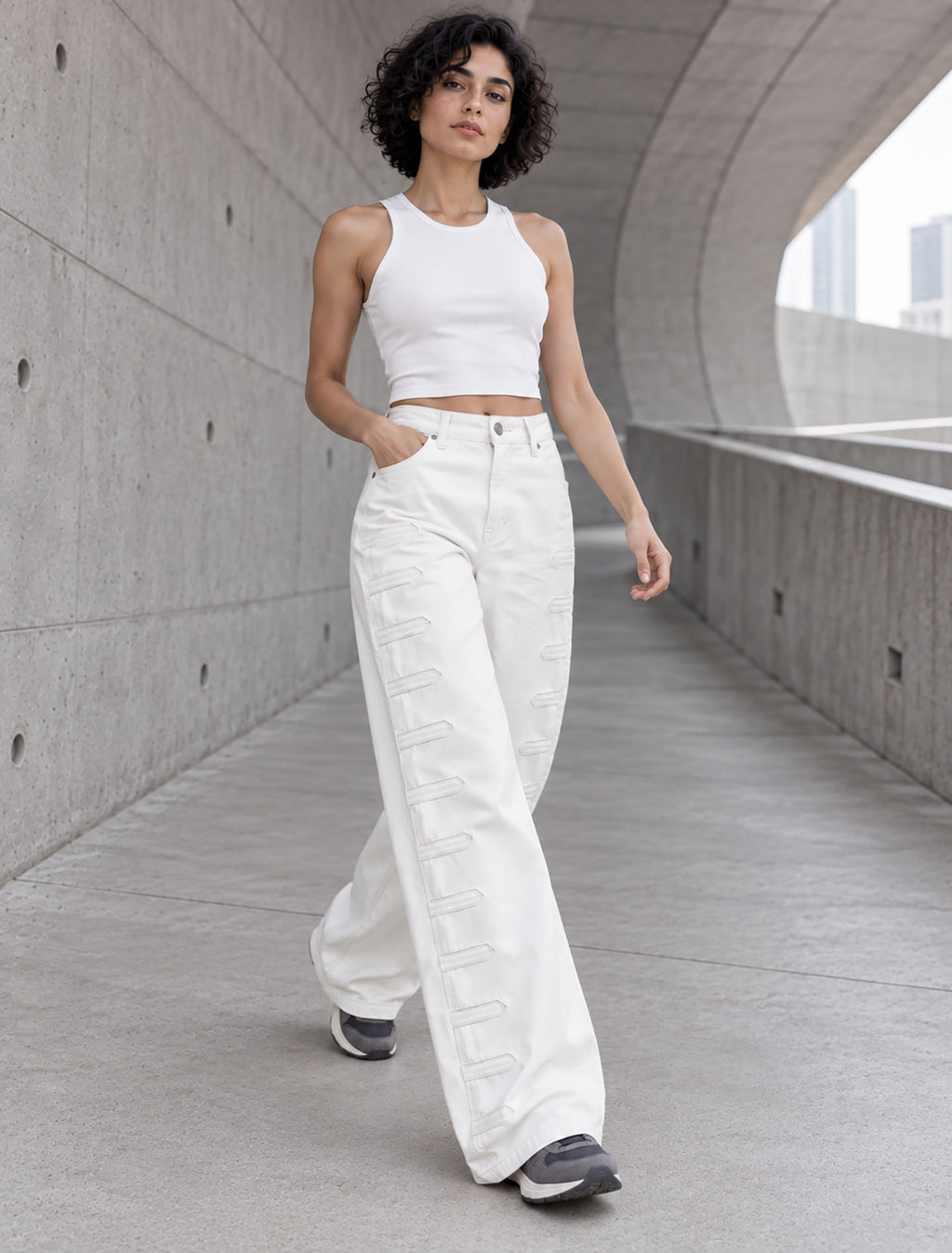 Off White Wide-Leg Pants with Side Tab Details