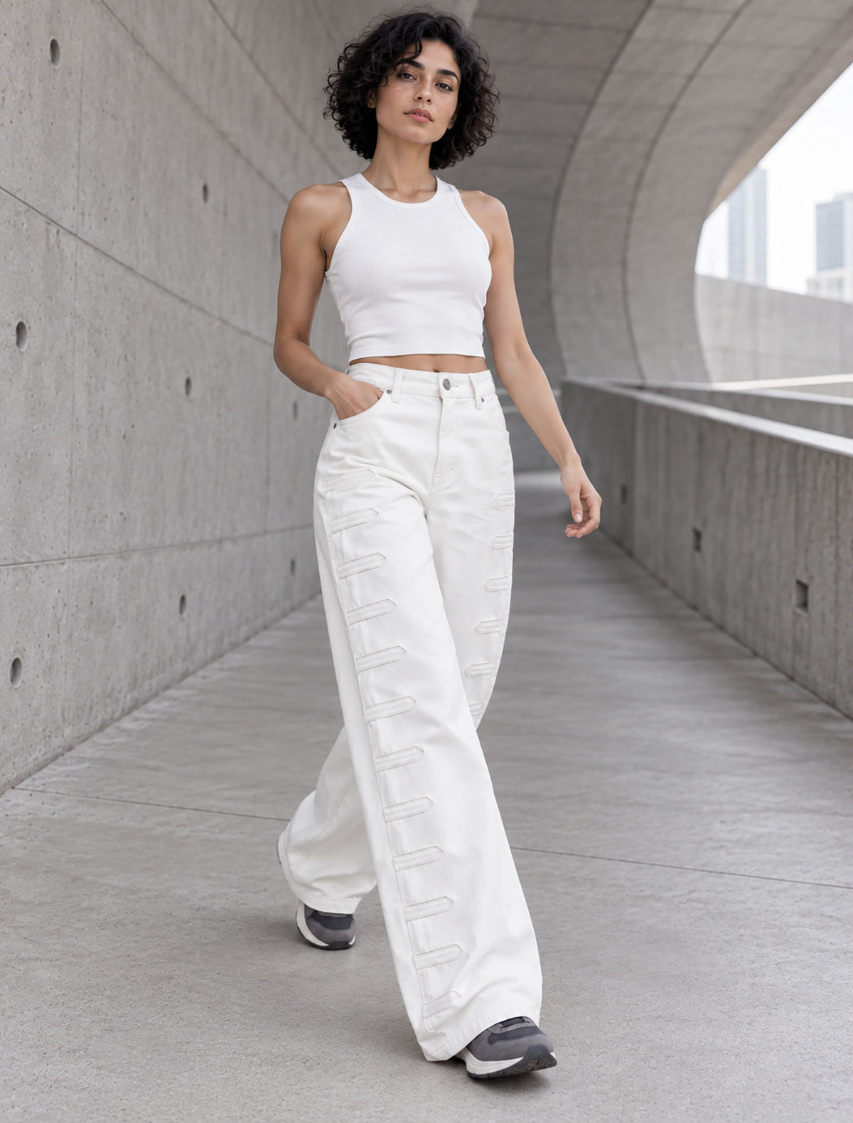 Off White Wide-Leg Pants with Side Tab Details