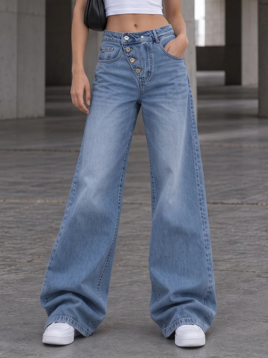 Light Blue Asymmetric Button Wide-Leg Jeans