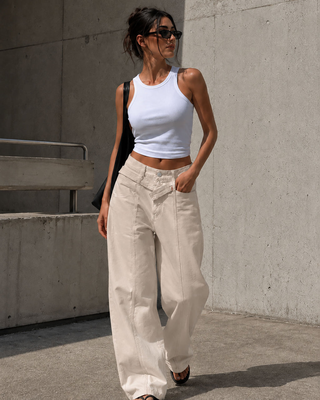 Beige Wide Leg Pants with Cross Waist Detail