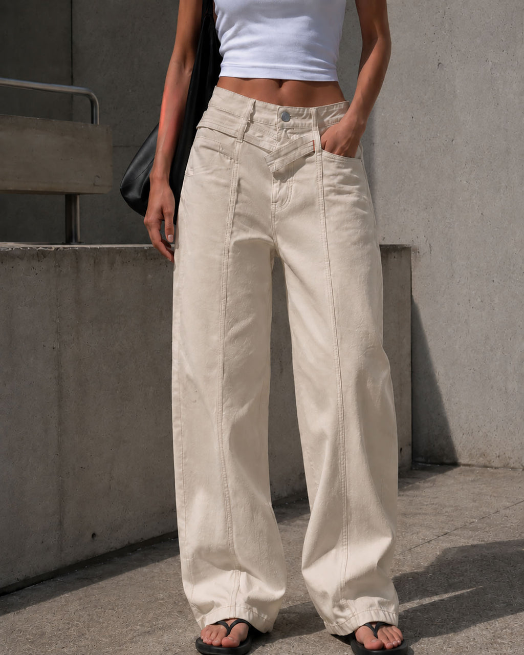 Beige Wide Leg Pants with Cross Waist Detail