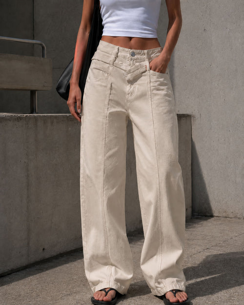 Beige Wide Leg Pants with Cross Waist Detail