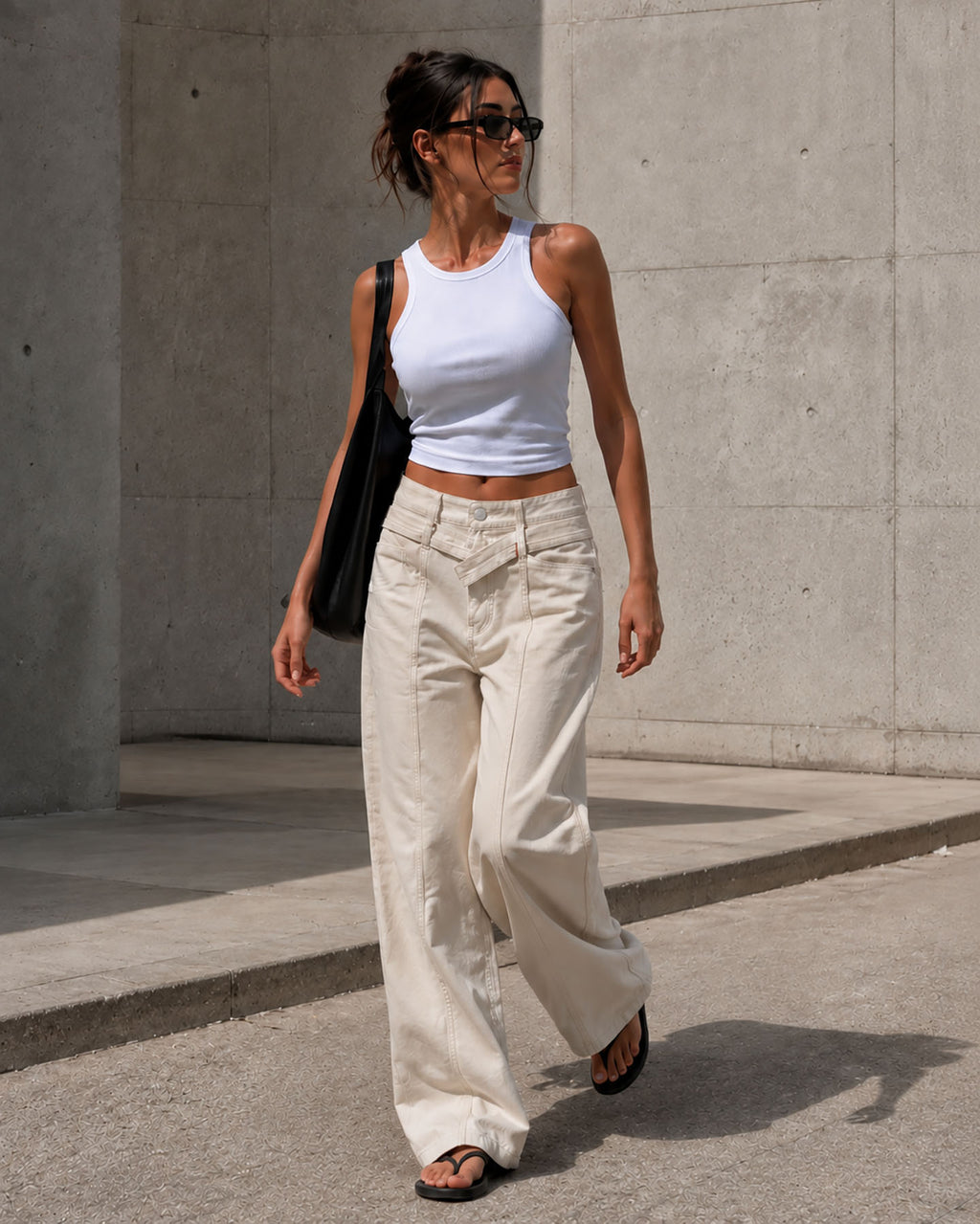 Beige Wide Leg Pants with Cross Waist Detail