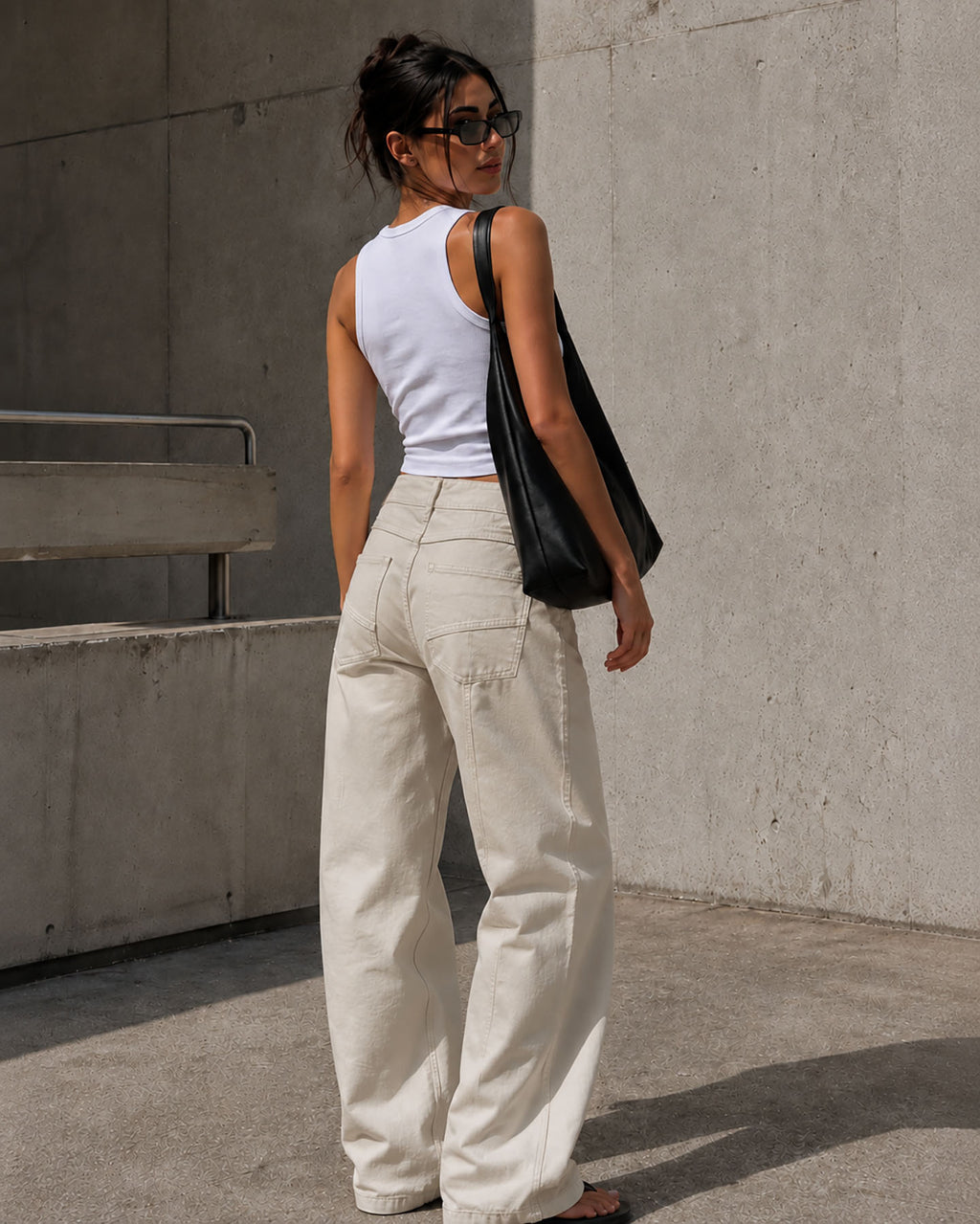 Beige Wide Leg Pants with Cross Waist Detail