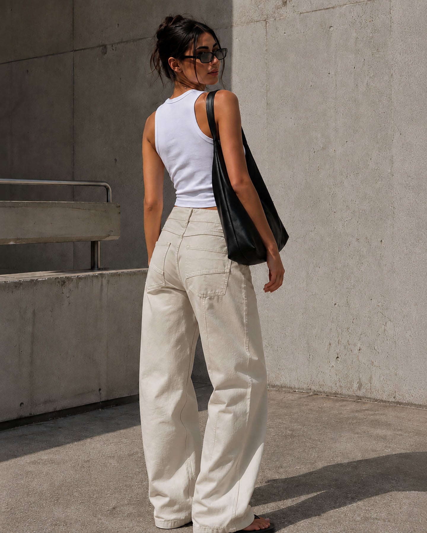 Beige Wide Leg Pants with Cross Waist Detail