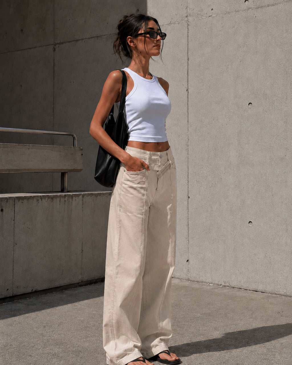 Beige Wide Leg Pants with Cross Waist Detail