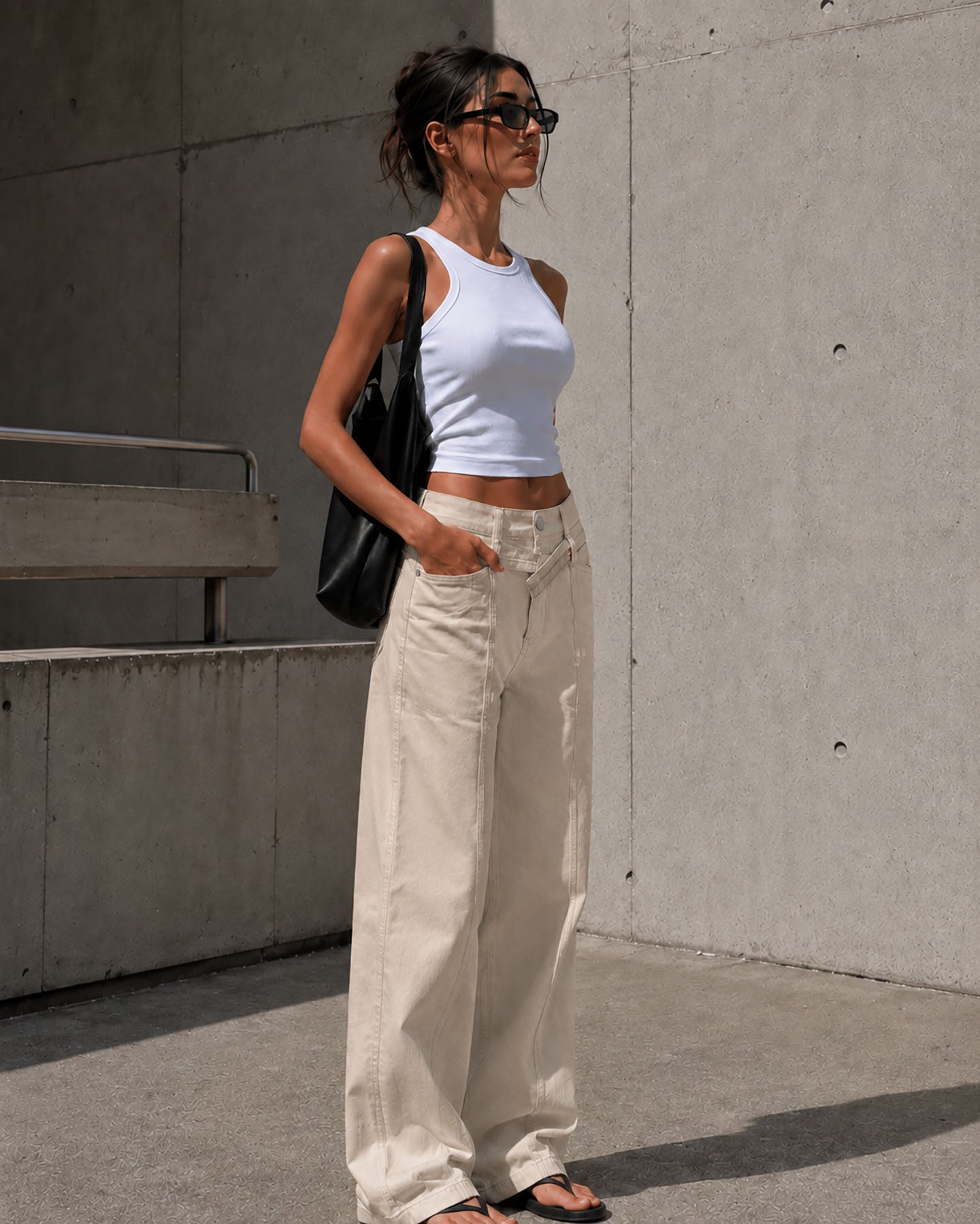 Beige Wide Leg Pants with Cross Waist Detail