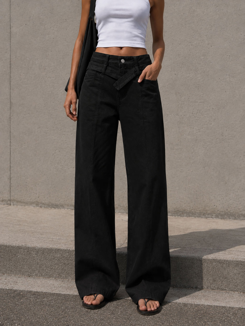 Black Wide Leg Pants with Cross Waist Detail