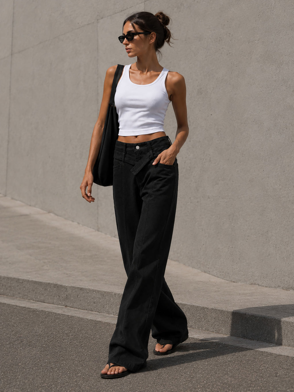 Black Wide Leg Pants with Cross Waist Detail