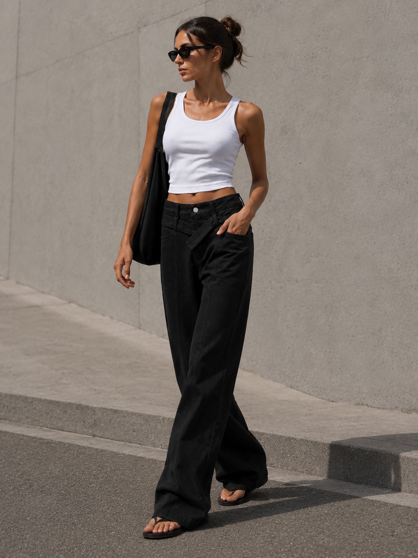 Black Wide Leg Pants with Cross Waist Detail