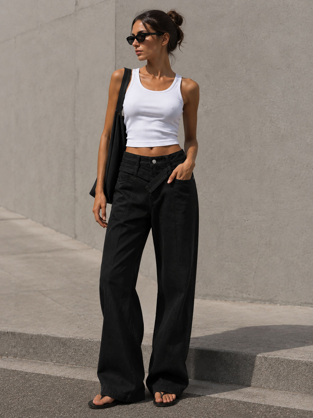 Black Wide Leg Pants with Cross Waist Detail