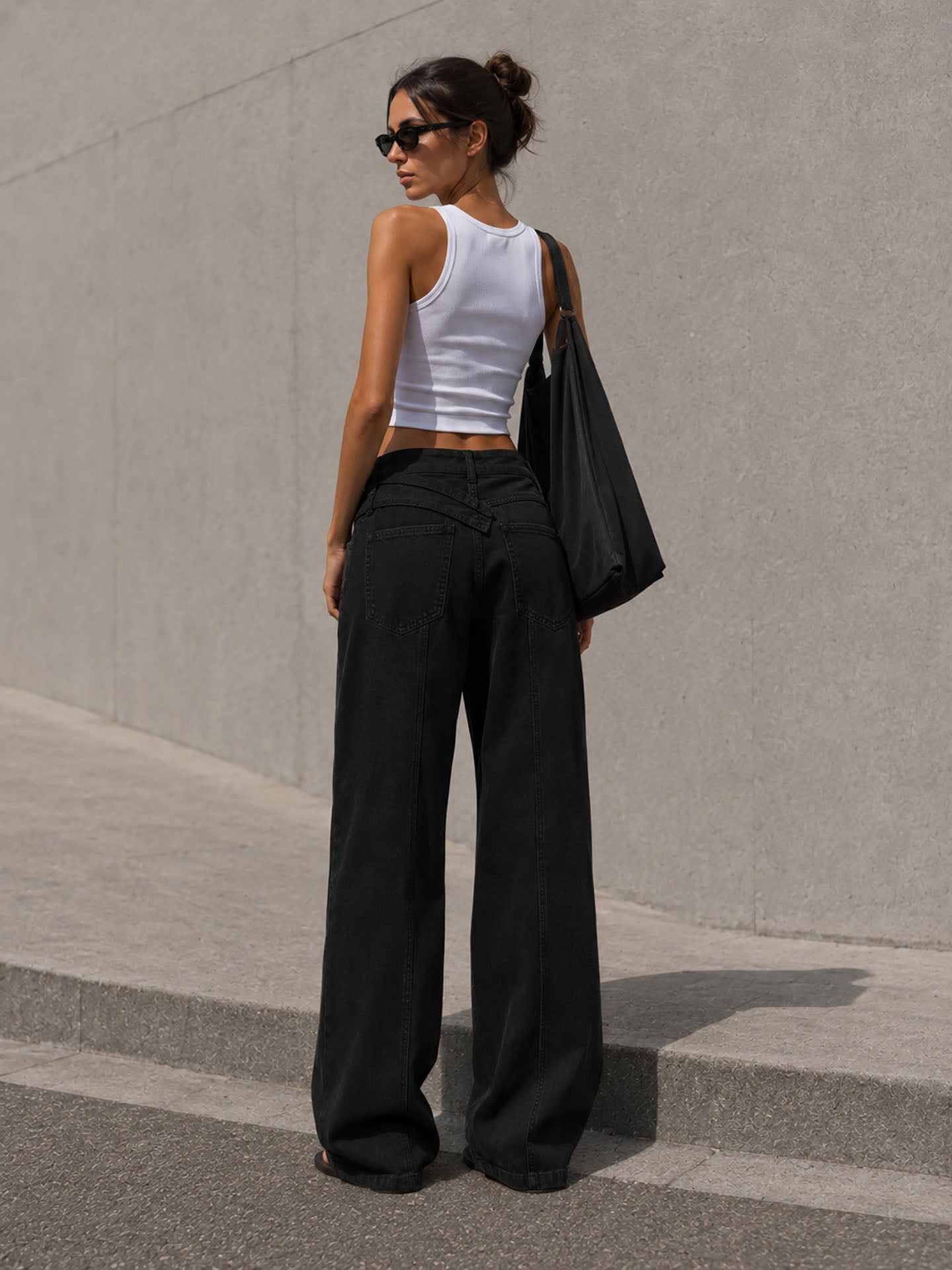 Black Wide Leg Pants with Cross Waist Detail