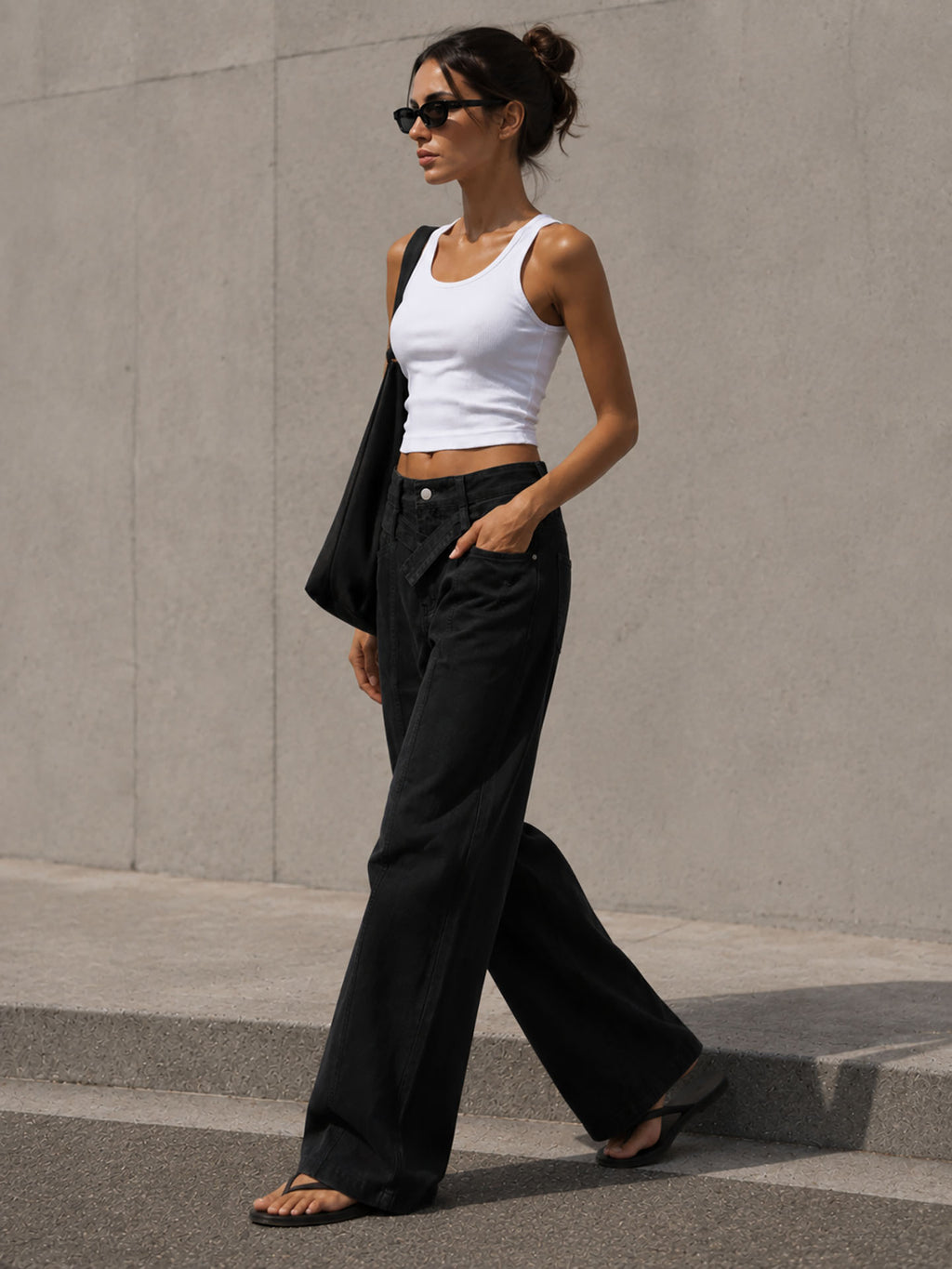 Black Wide Leg Pants with Cross Waist Detail