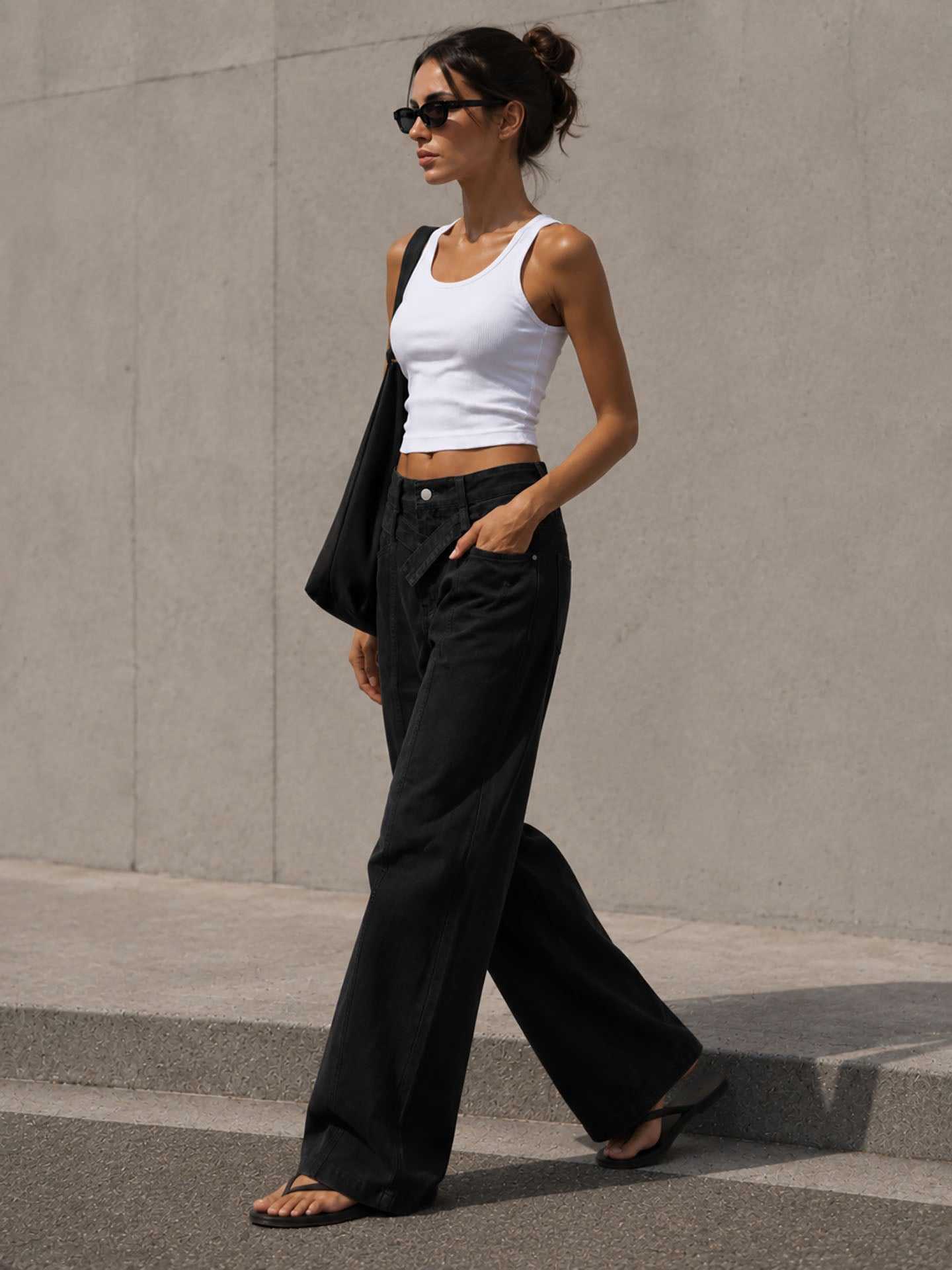 Black Wide Leg Pants with Cross Waist Detail