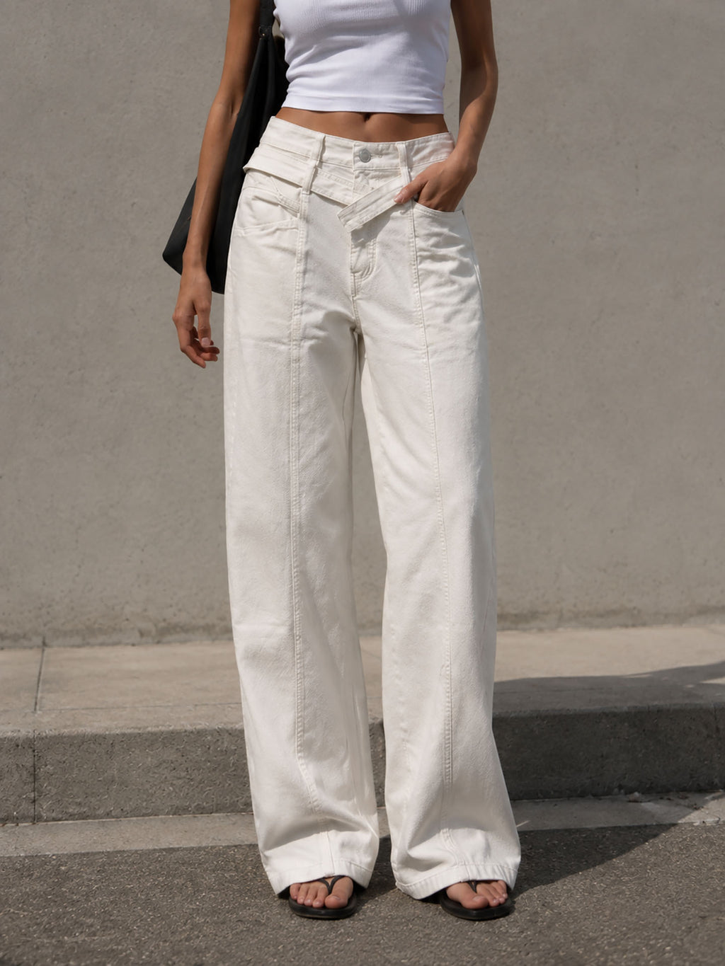 Off White Wide Leg Pants with Cross Waist Detail