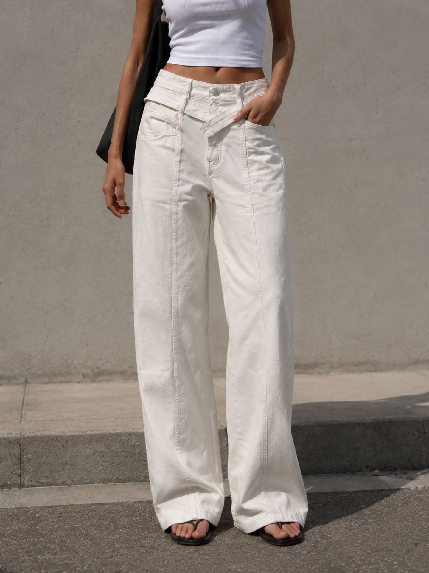 Off White Wide Leg Pants with Cross Waist Detail