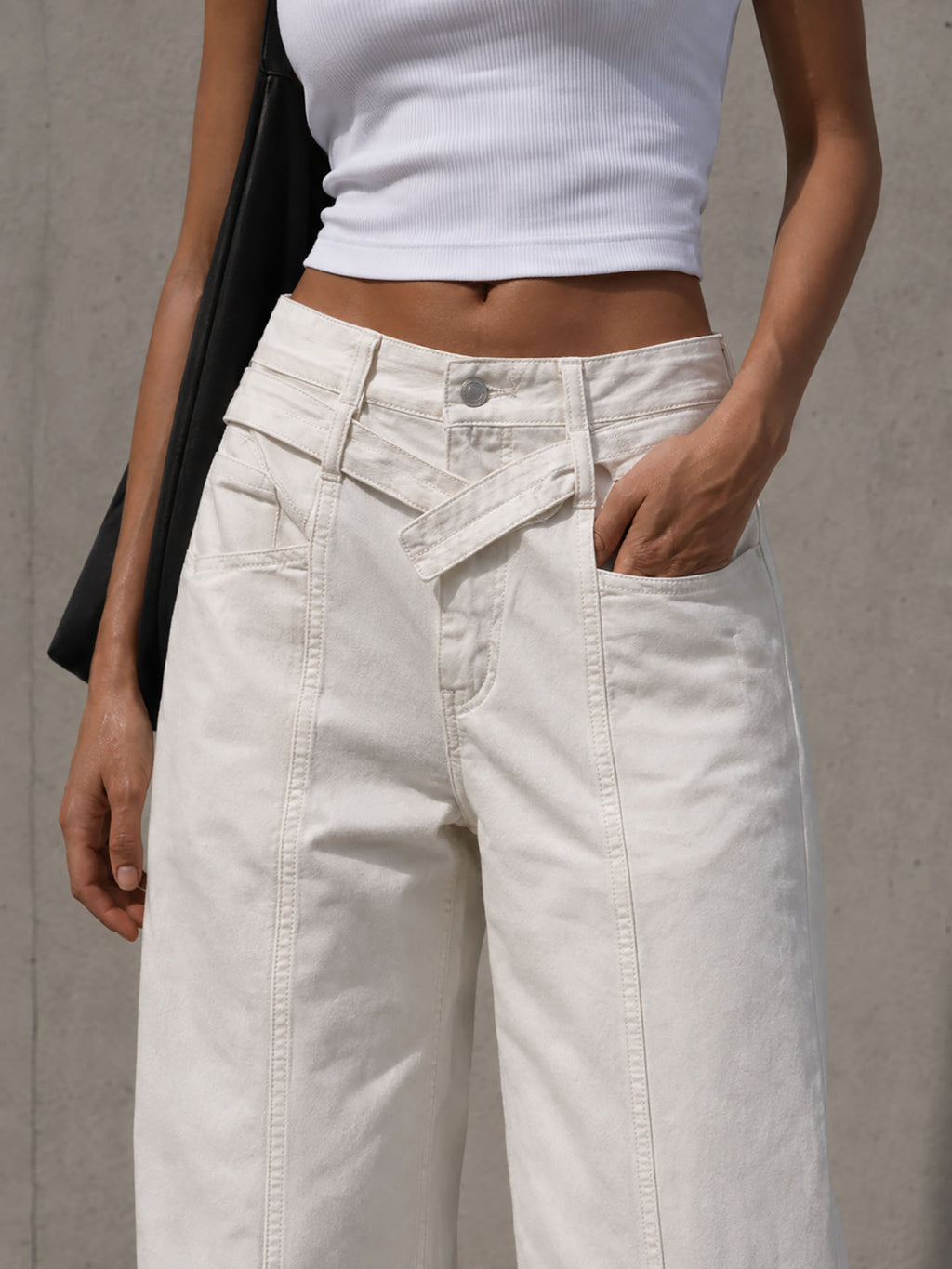 Off White Wide Leg Pants with Cross Waist Detail