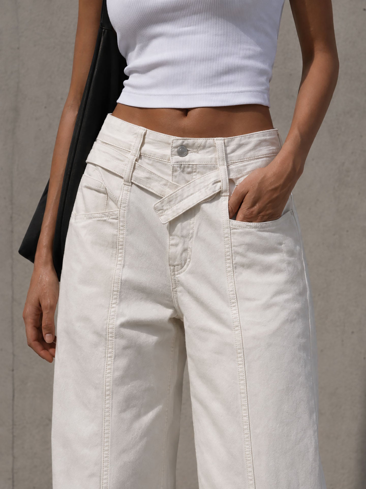 Off White Wide Leg Pants with Cross Waist Detail