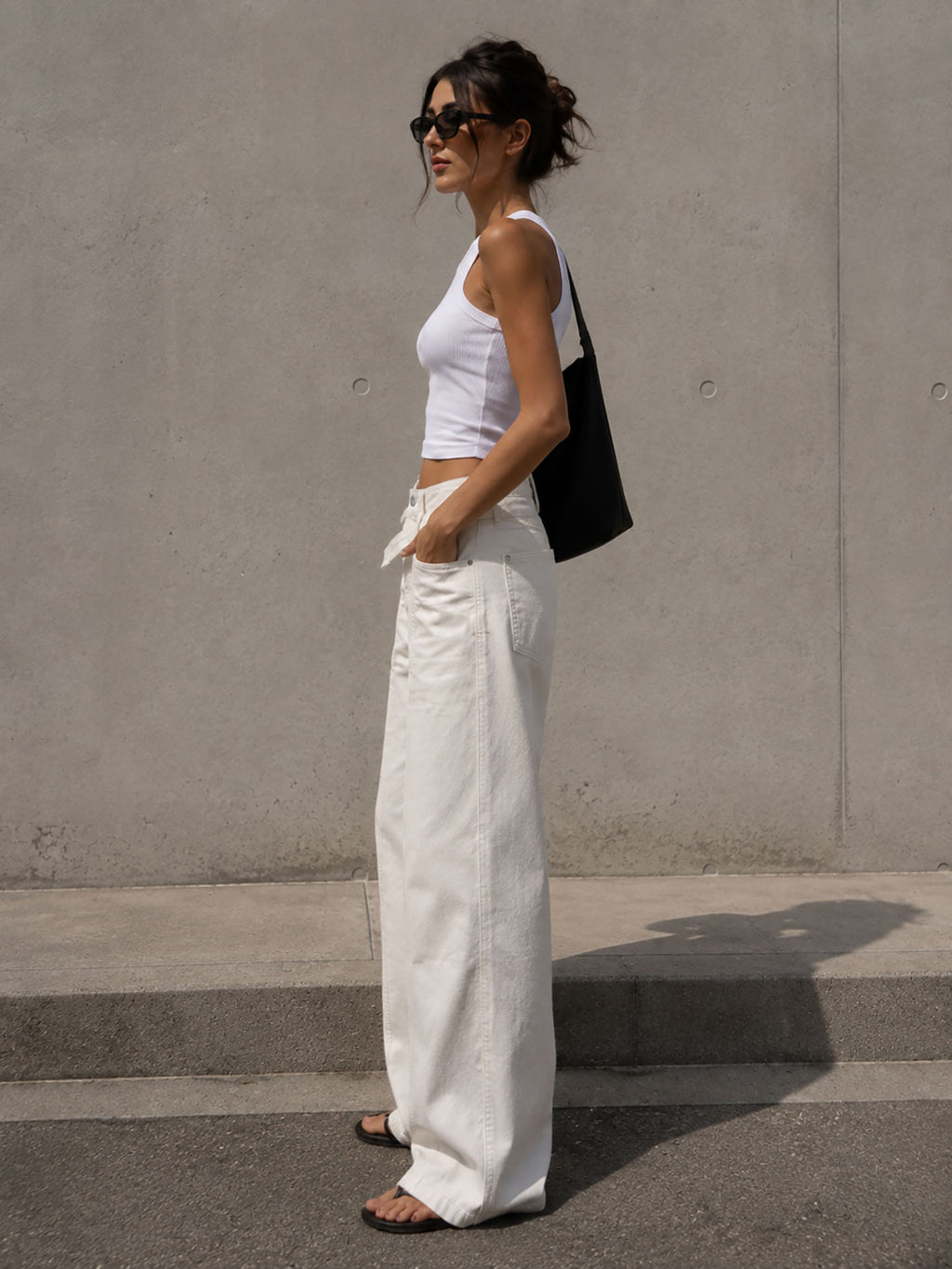 Off White Wide Leg Pants with Cross Waist Detail