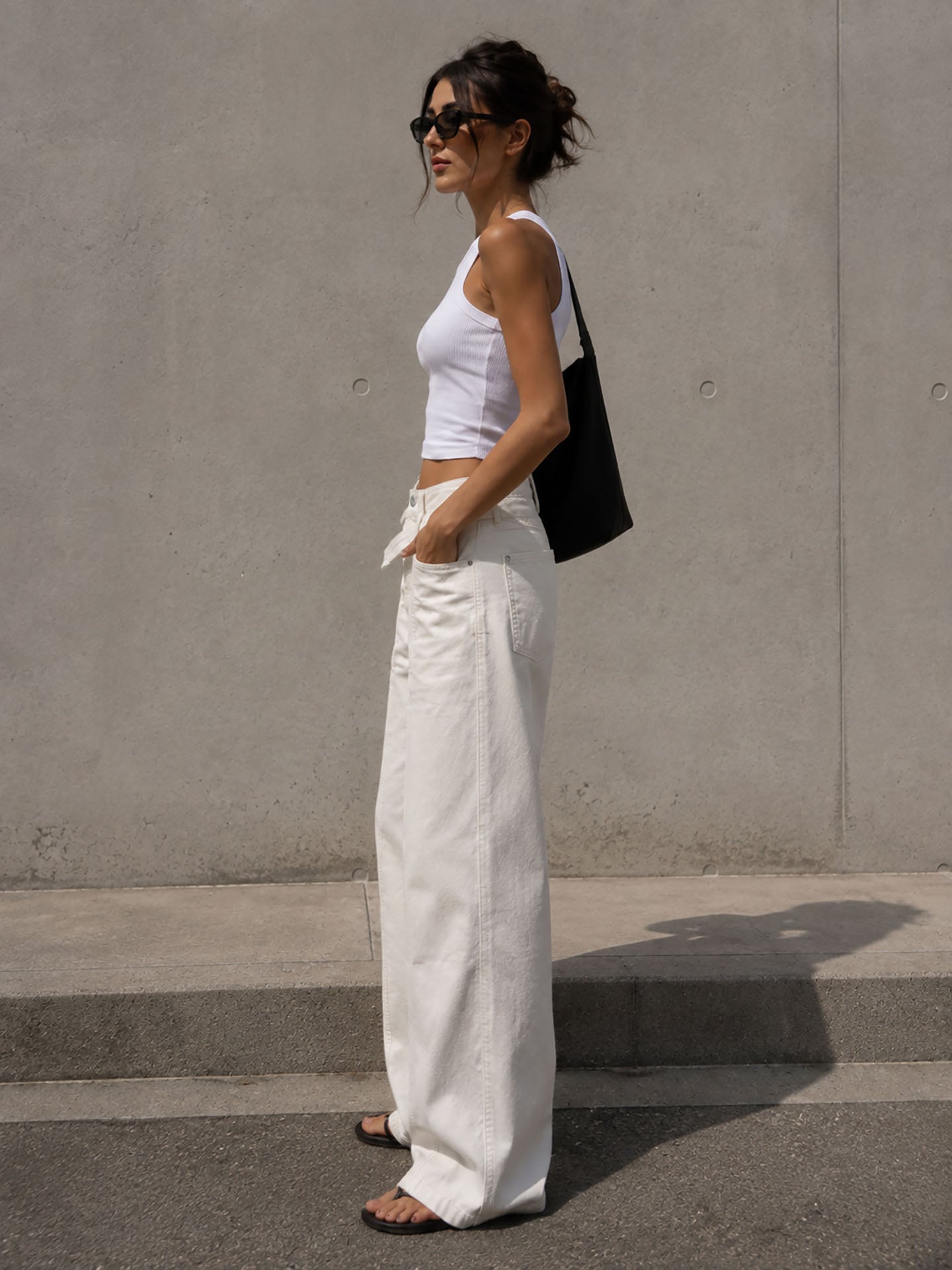 Off White Wide Leg Pants with Cross Waist Detail
