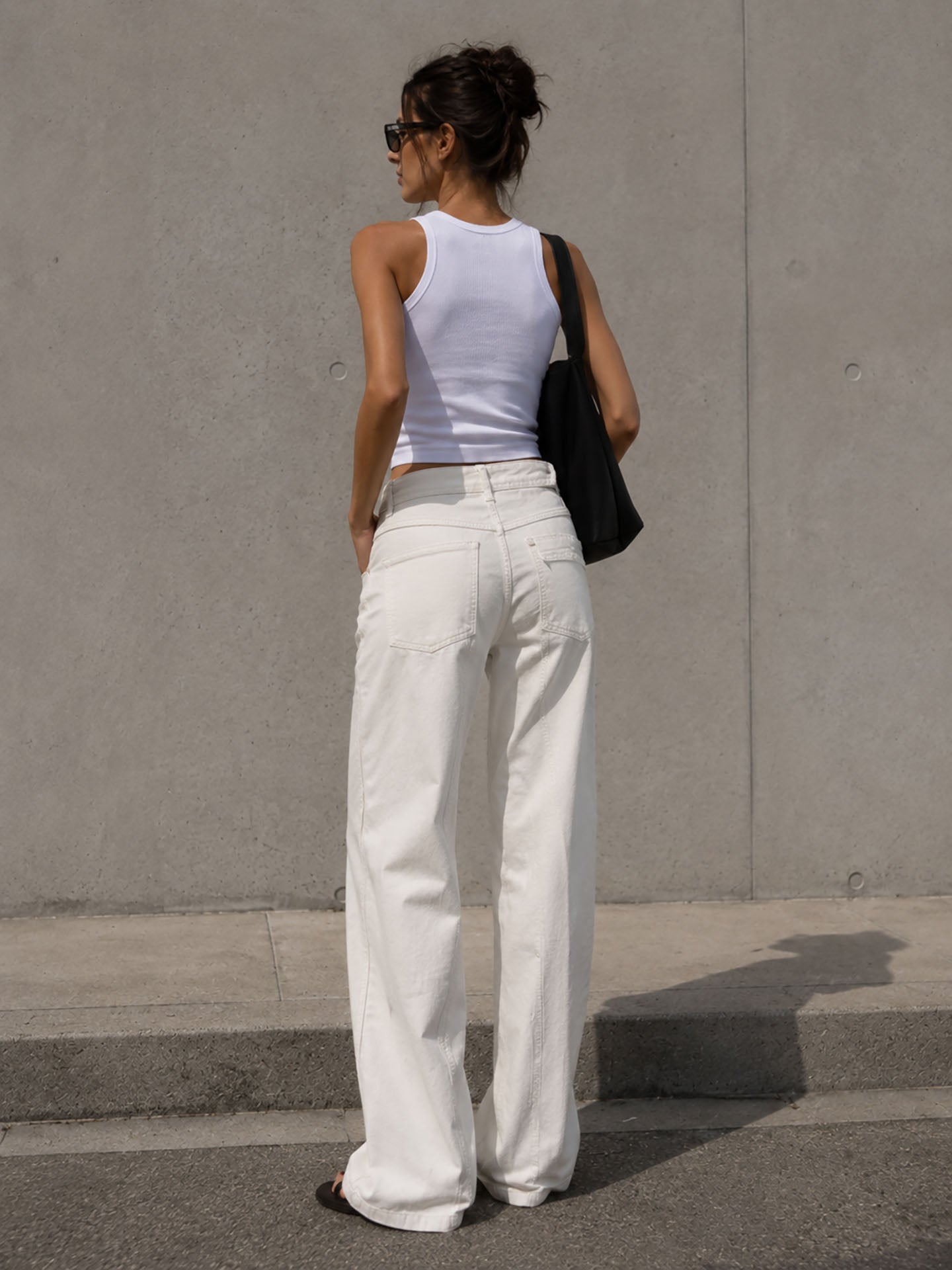 Off White Wide Leg Pants with Cross Waist Detail