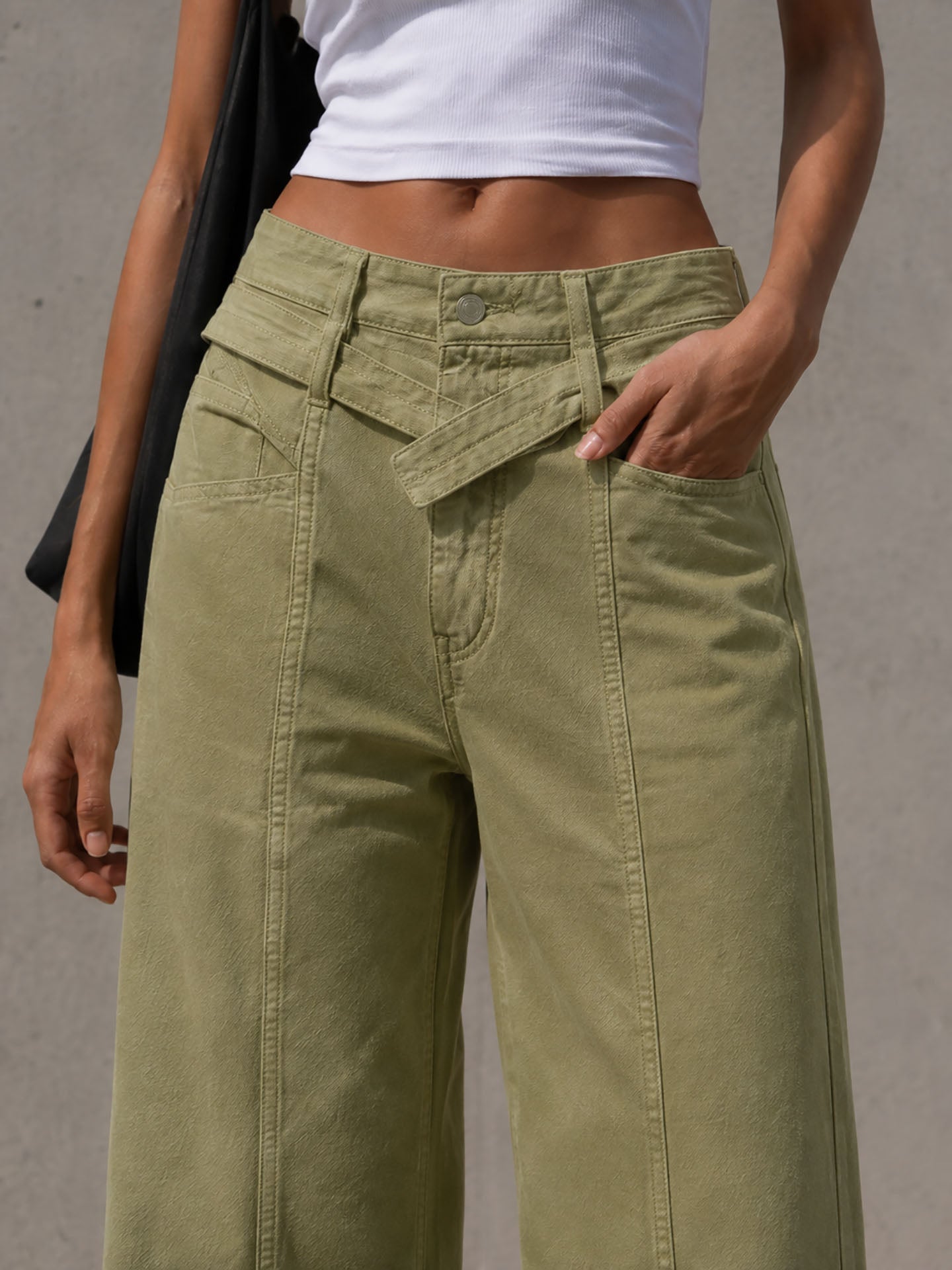 Olive Wide Leg Pants with Cross Waist Detail