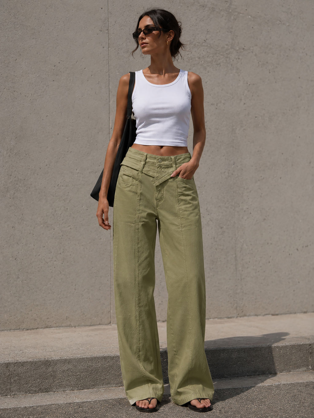 Olive Wide Leg Pants with Cross Waist Detail
