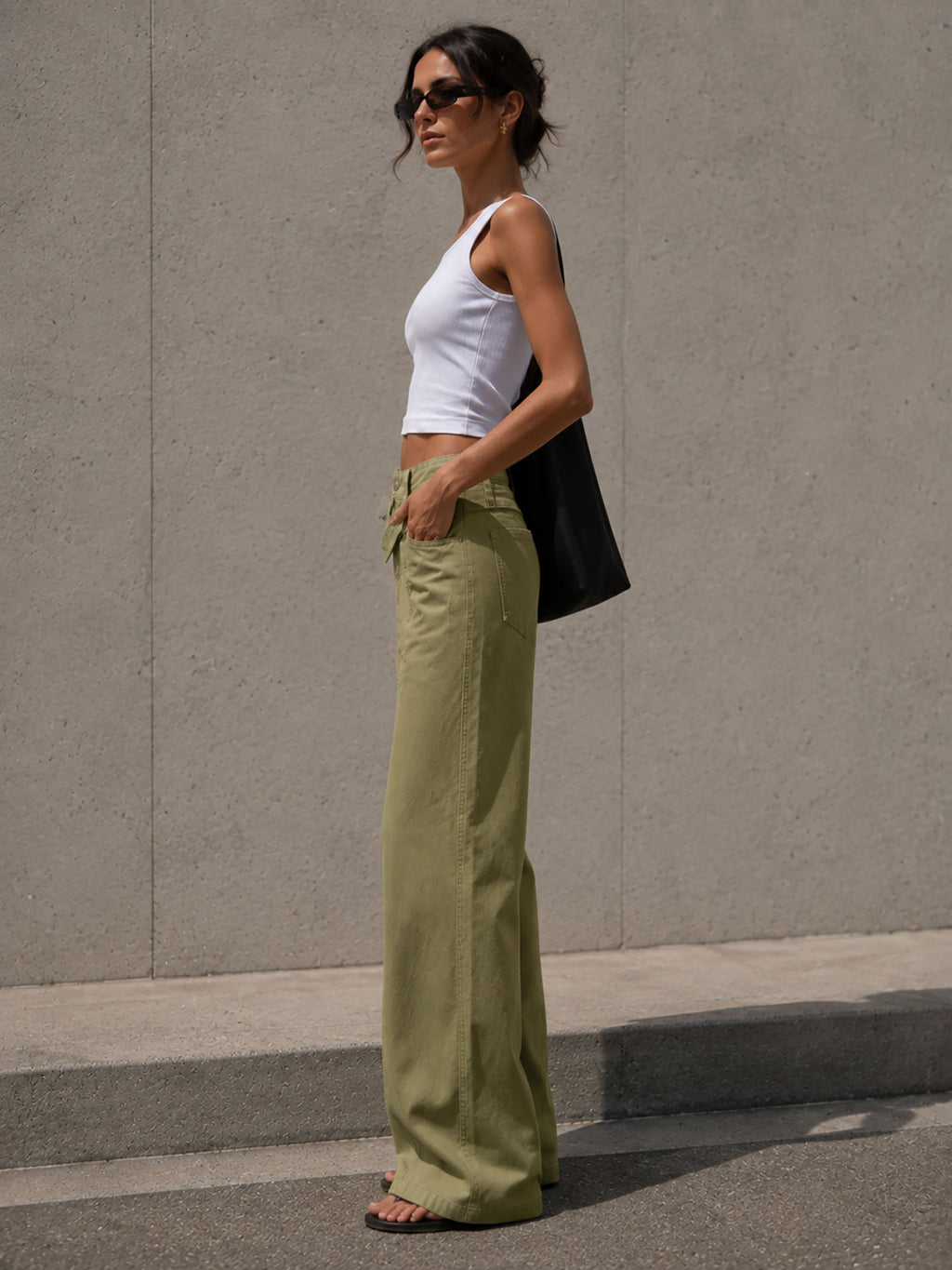 Olive Wide Leg Pants with Cross Waist Detail