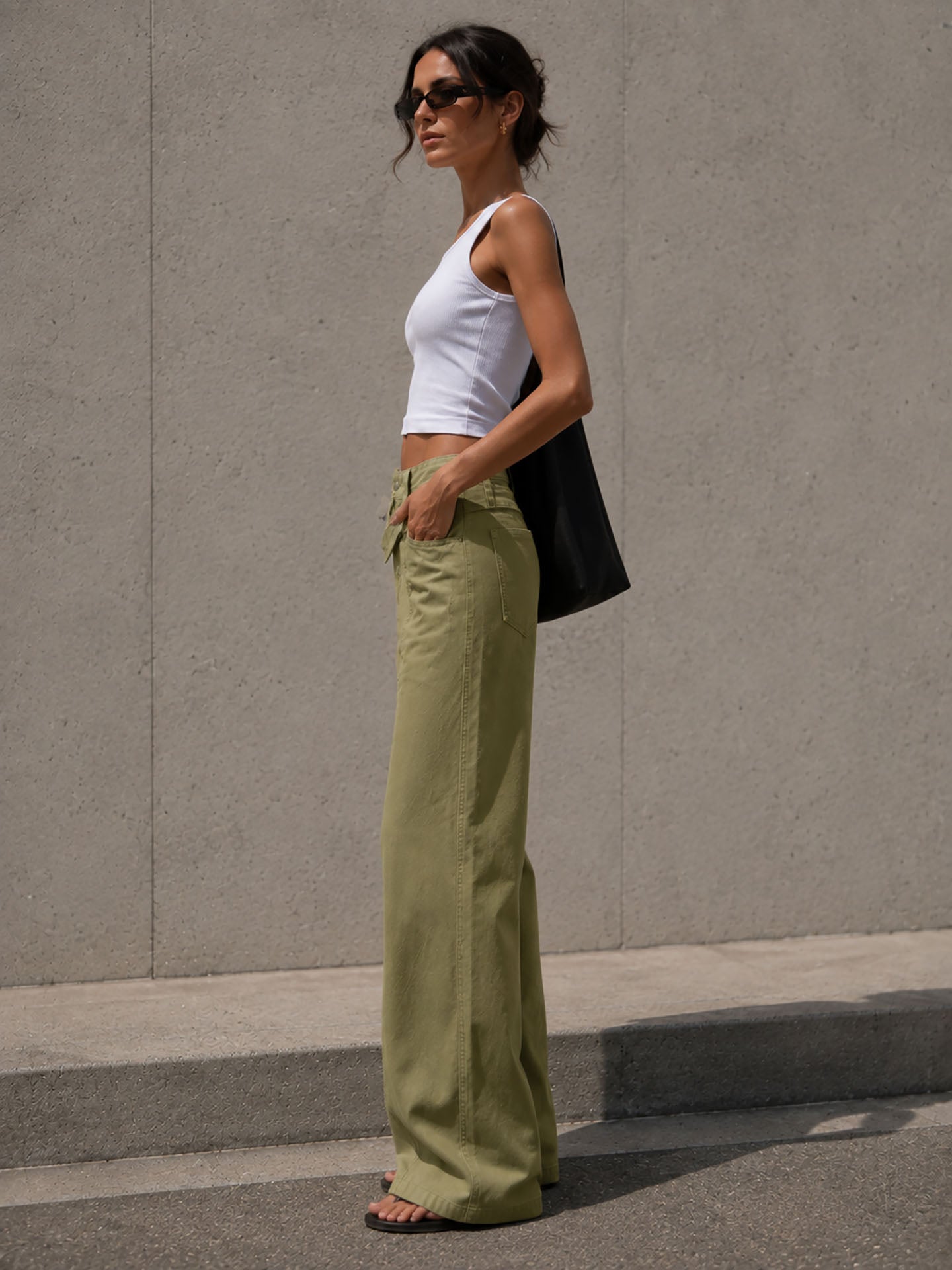 Olive Wide Leg Pants with Cross Waist Detail