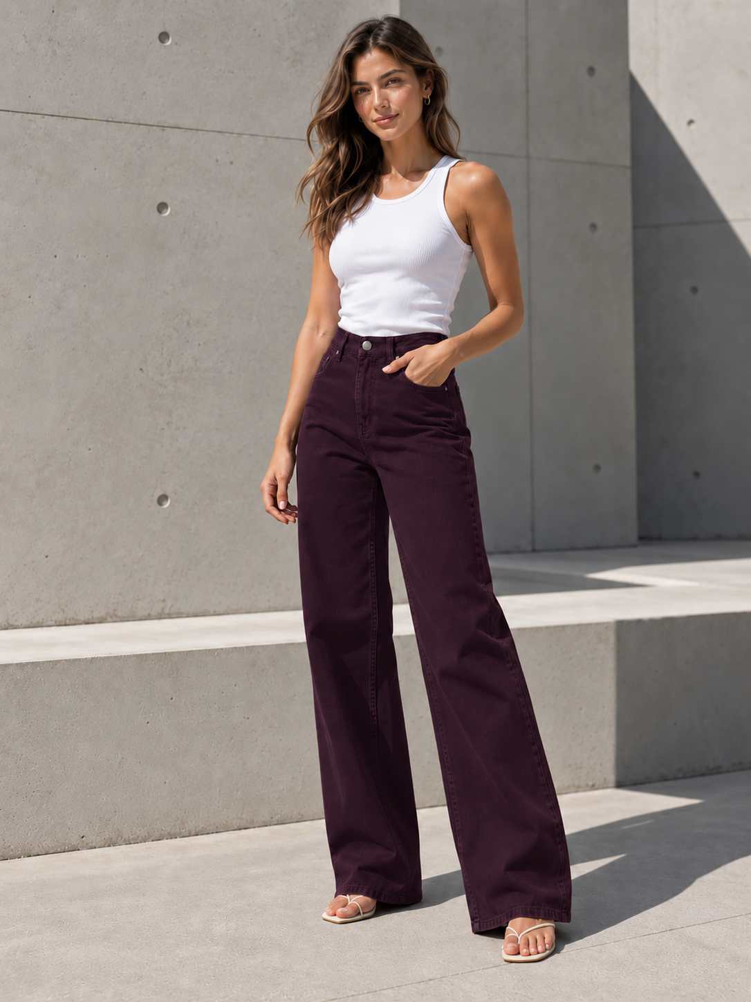 B808 Burgundy High Rise Wide Leg Pants