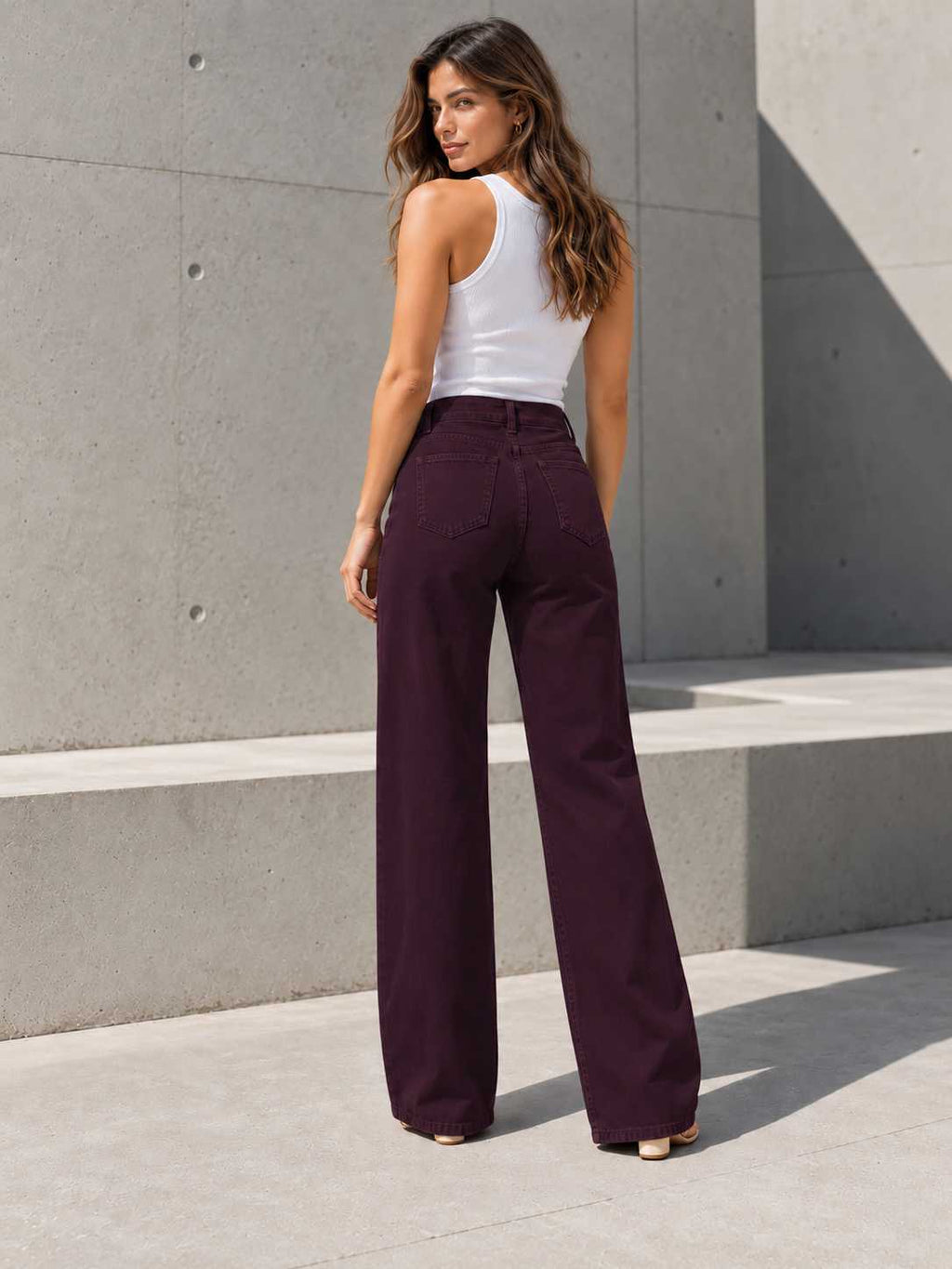B808 Burgundy High Rise Wide Leg Pants
