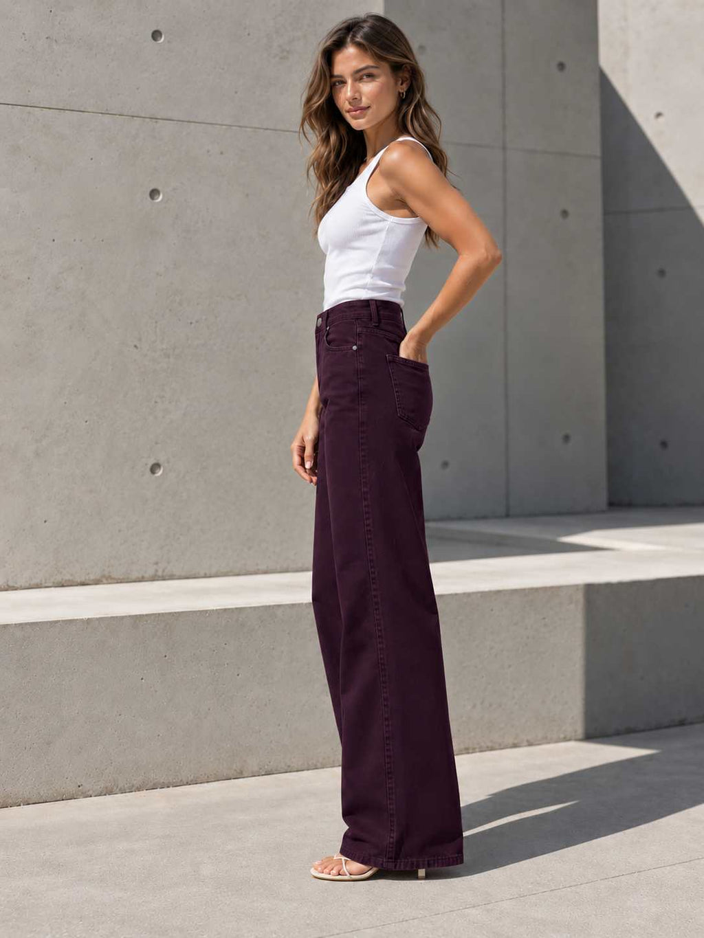 B808 Burgundy High Rise Wide Leg Pants