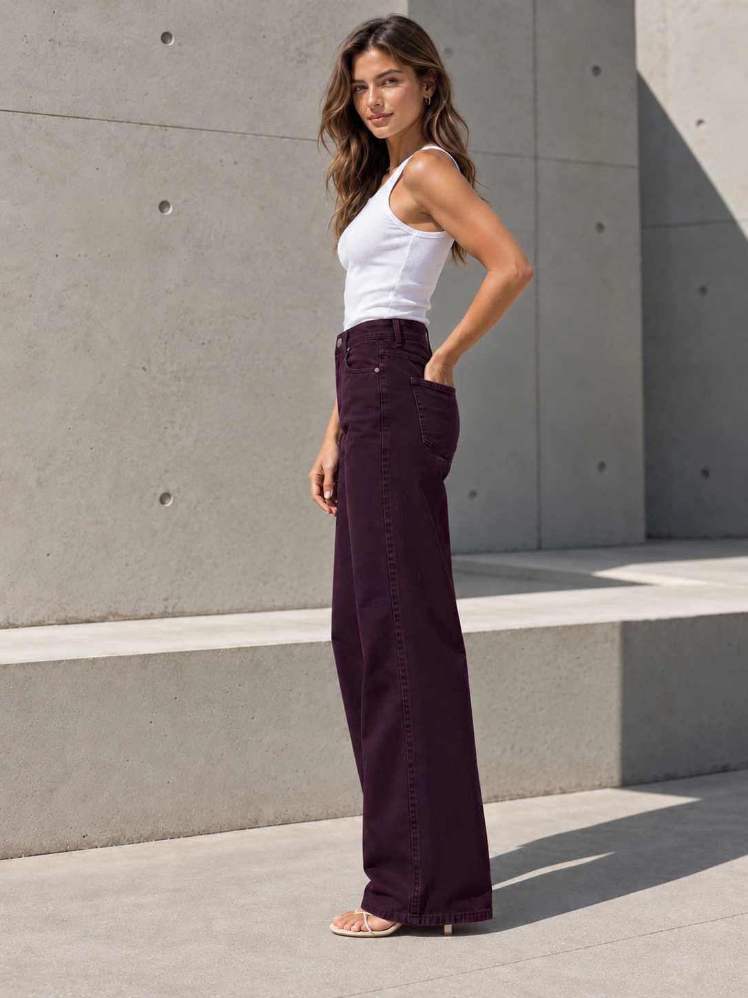 B808 Burgundy High Rise Wide Leg Pants