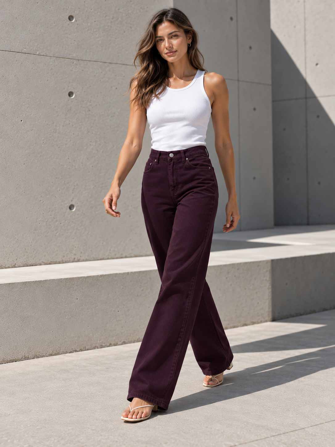 B808 Burgundy High Rise Wide Leg Pants