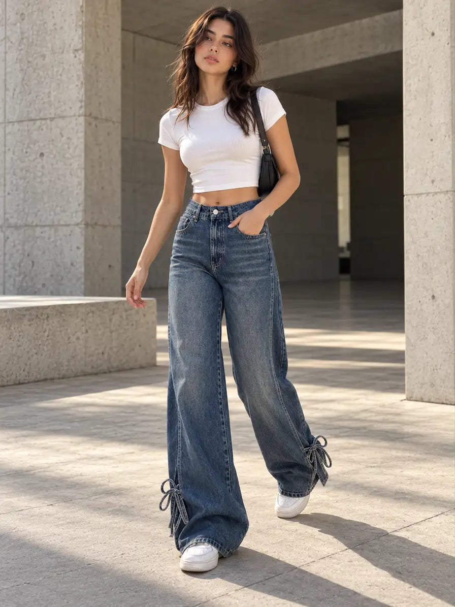 Vintage Blue Wide Leg Tied Jeans - view 2