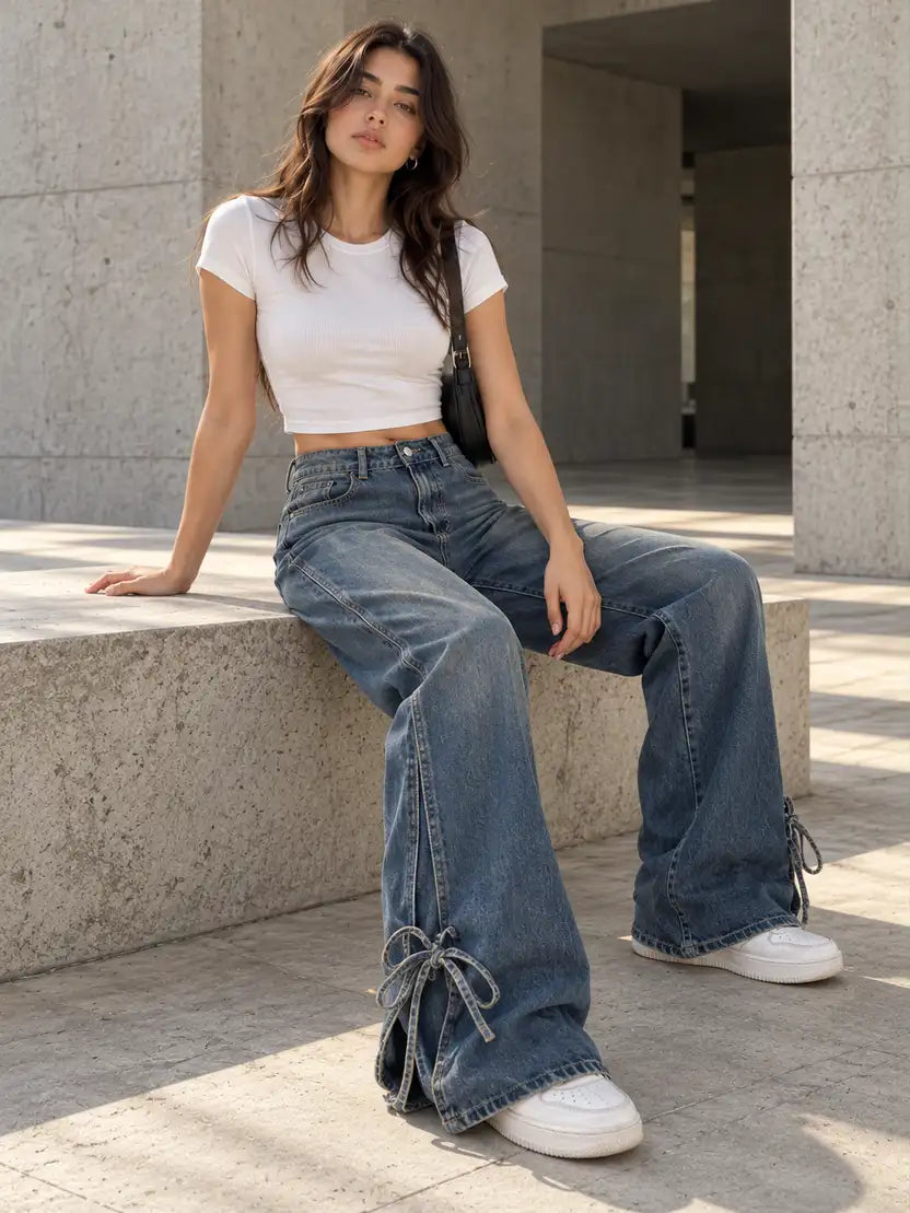 Vintage Blue Wide Leg Tied Jeans - view 3
