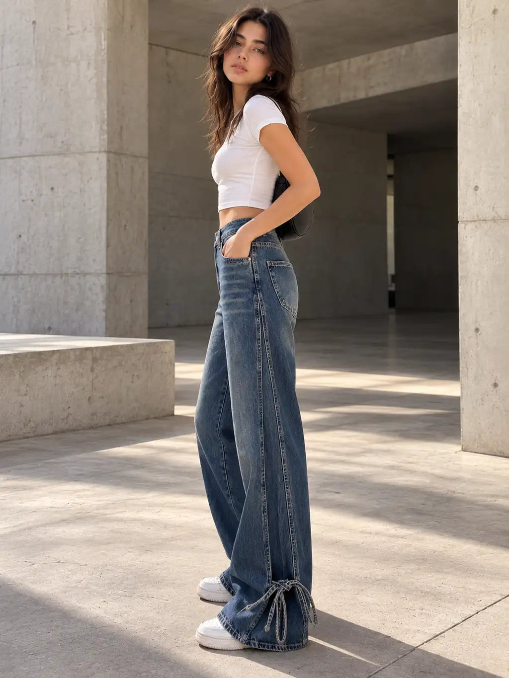 Vintage Blue Wide Leg Tied Jeans - view 4