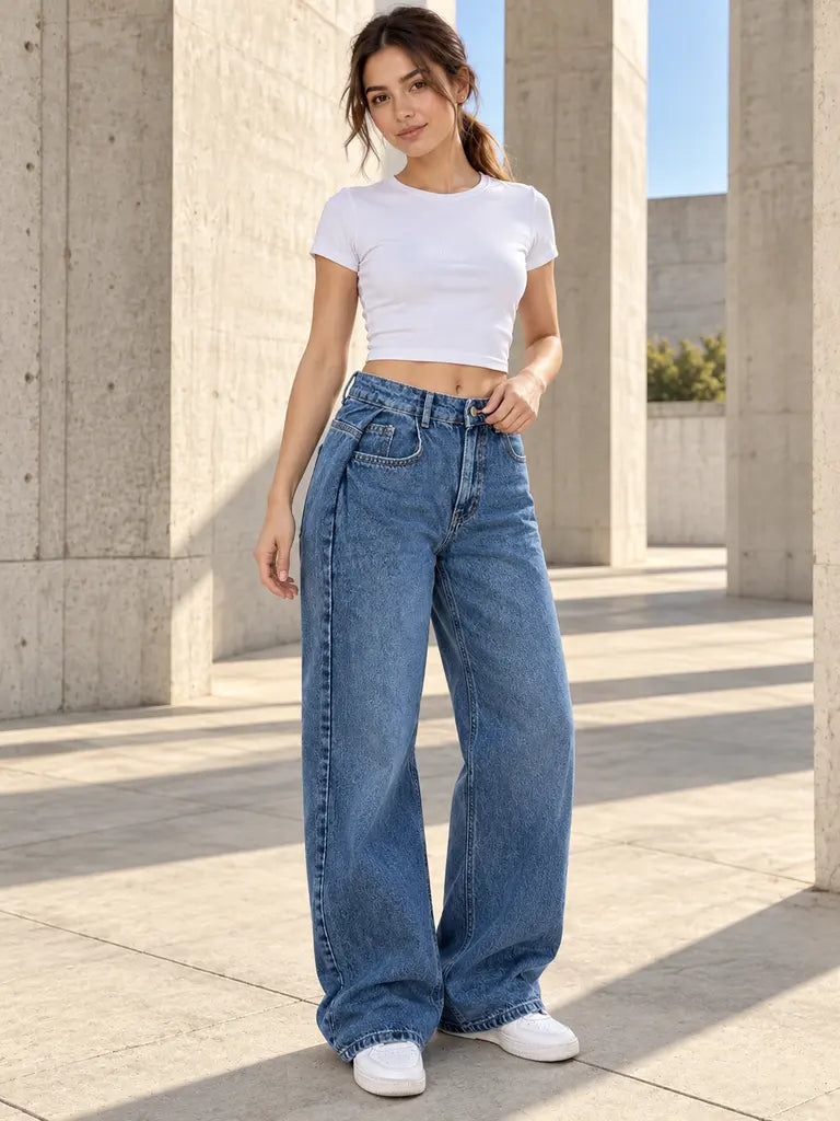 B813 Deep Blue side pleat wide-leg jeans — view 1