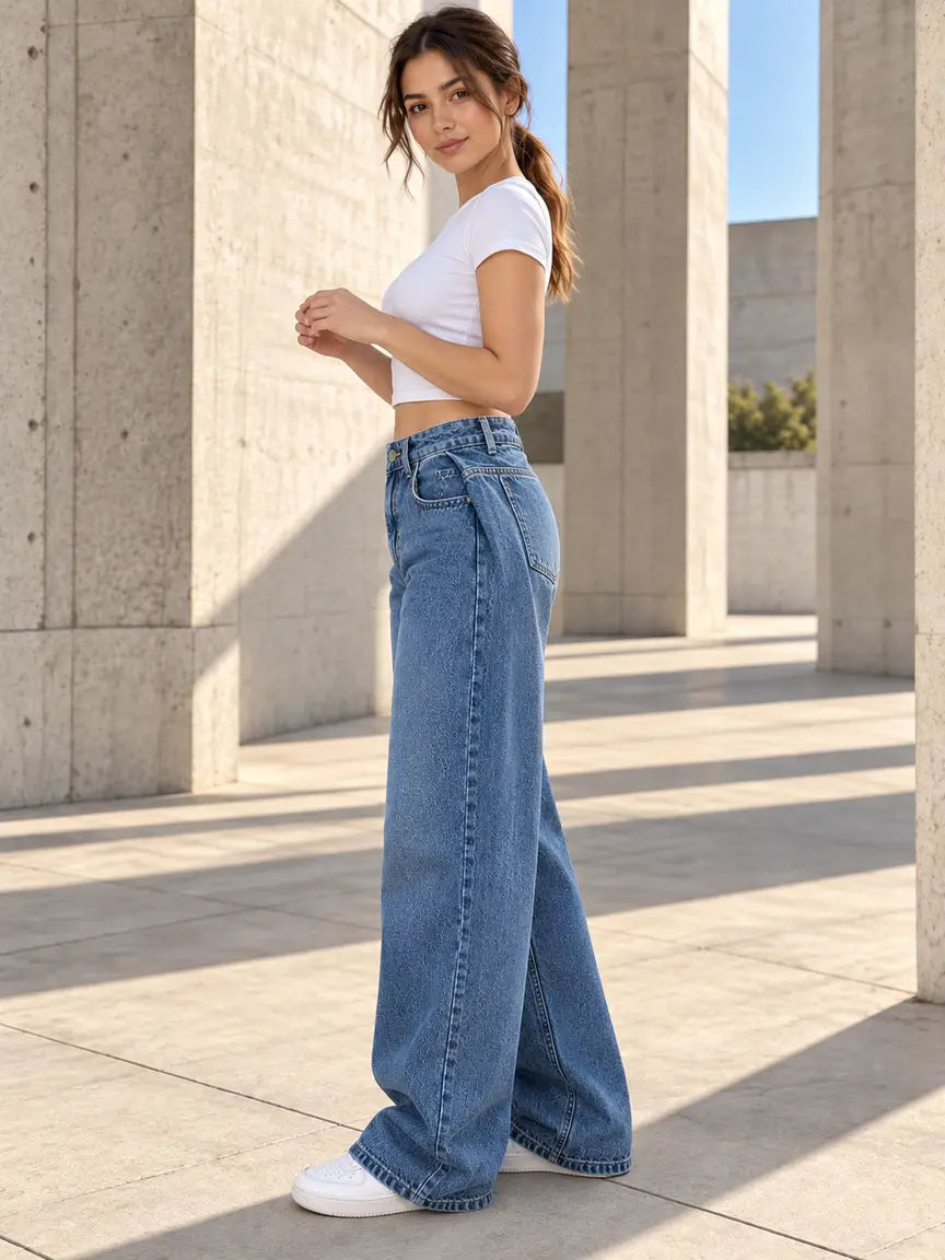 B813 Deep Blue side pleat wide-leg jeans — view 2