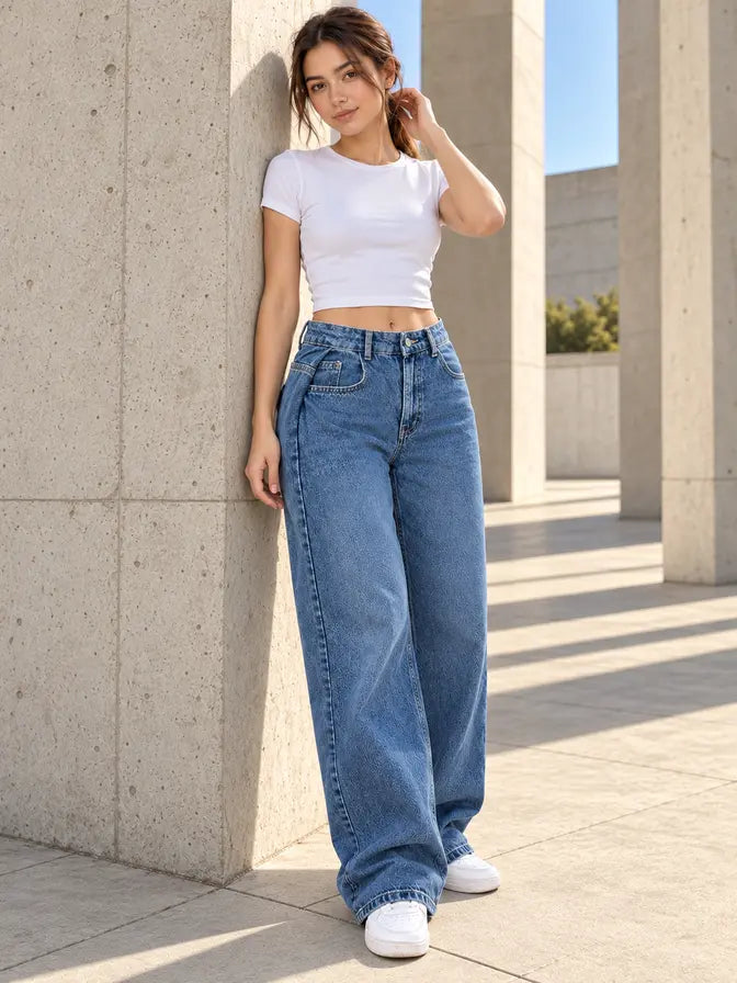 B813 Deep Blue side pleat wide-leg jeans — view 3