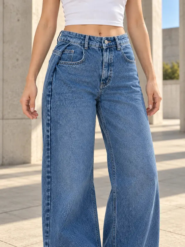 B813 Deep Blue side pleat wide-leg jeans — view 5