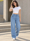 B813 Light Blue side pleat wide-leg jeans — front