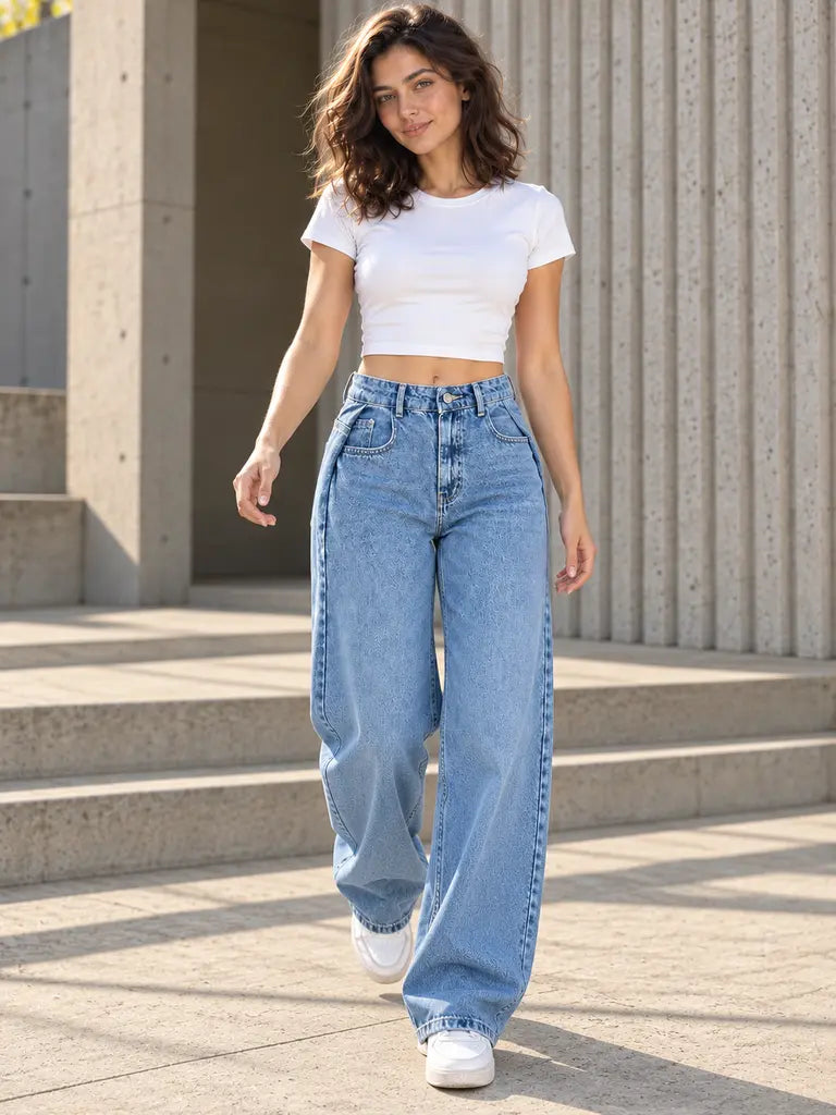 B813 Light Blue side pleat wide-leg jeans — walking