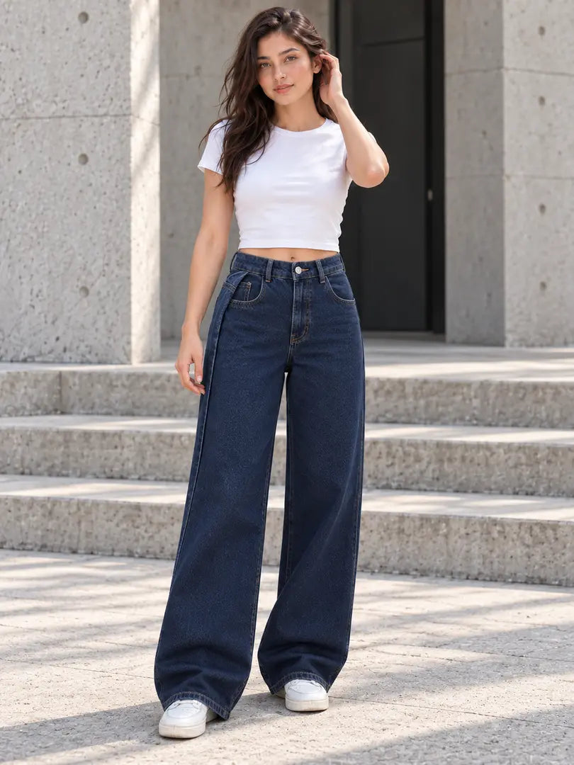 Navy Side Pleat Wide-Leg Jeans