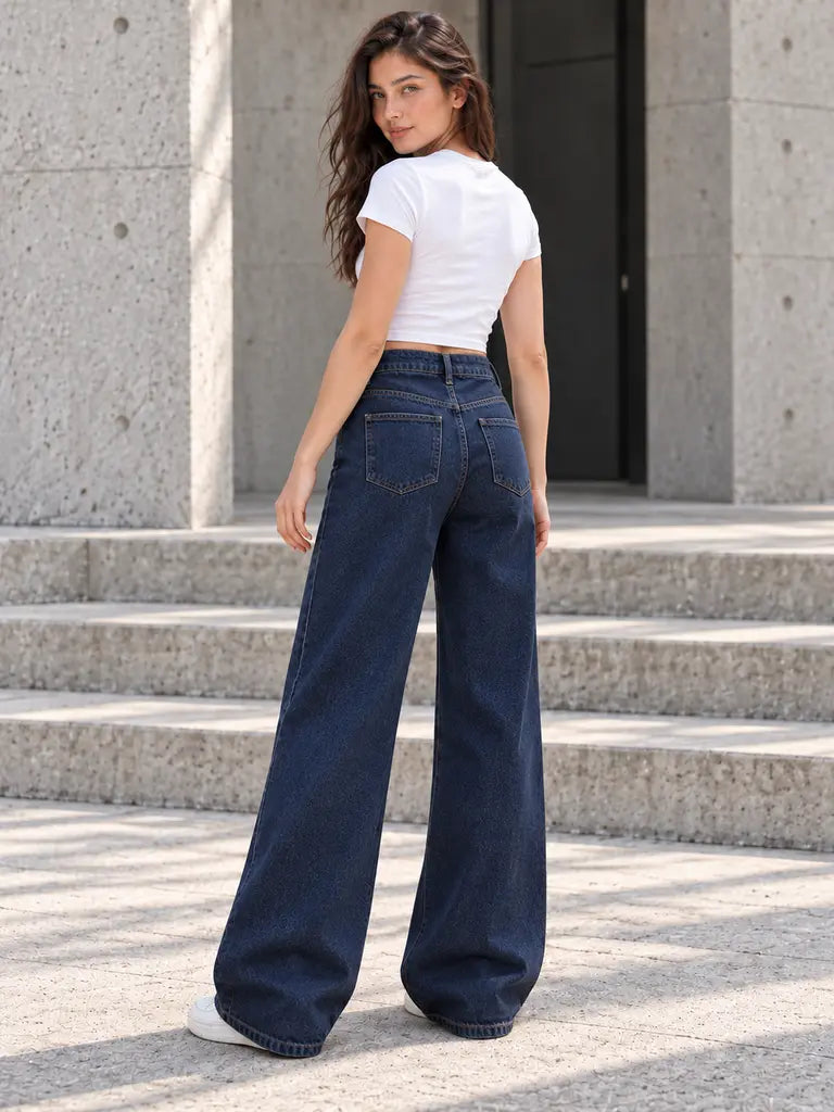 B813 Navy side pleat wide-leg jeans — back