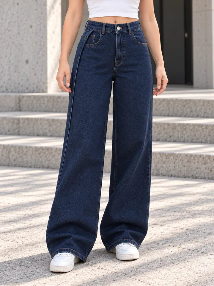 B813 Navy side pleat wide-leg jeans — trouser detail