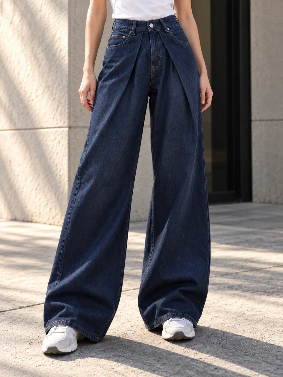 Navy Pleated Super Wide-Leg Flare Jeans - view 1